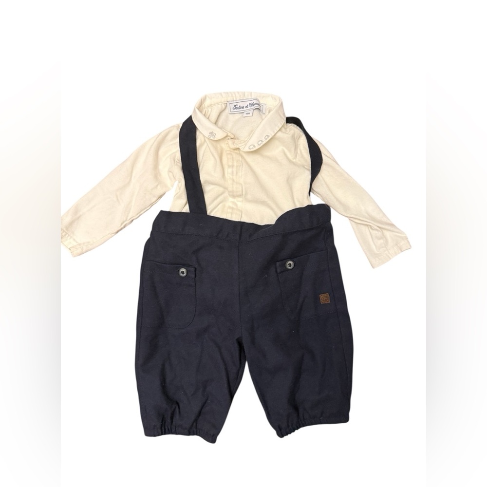 Tartine et Chocolat Baby Set Overalls + Romper Navy Suspender Outfit 6-9M
